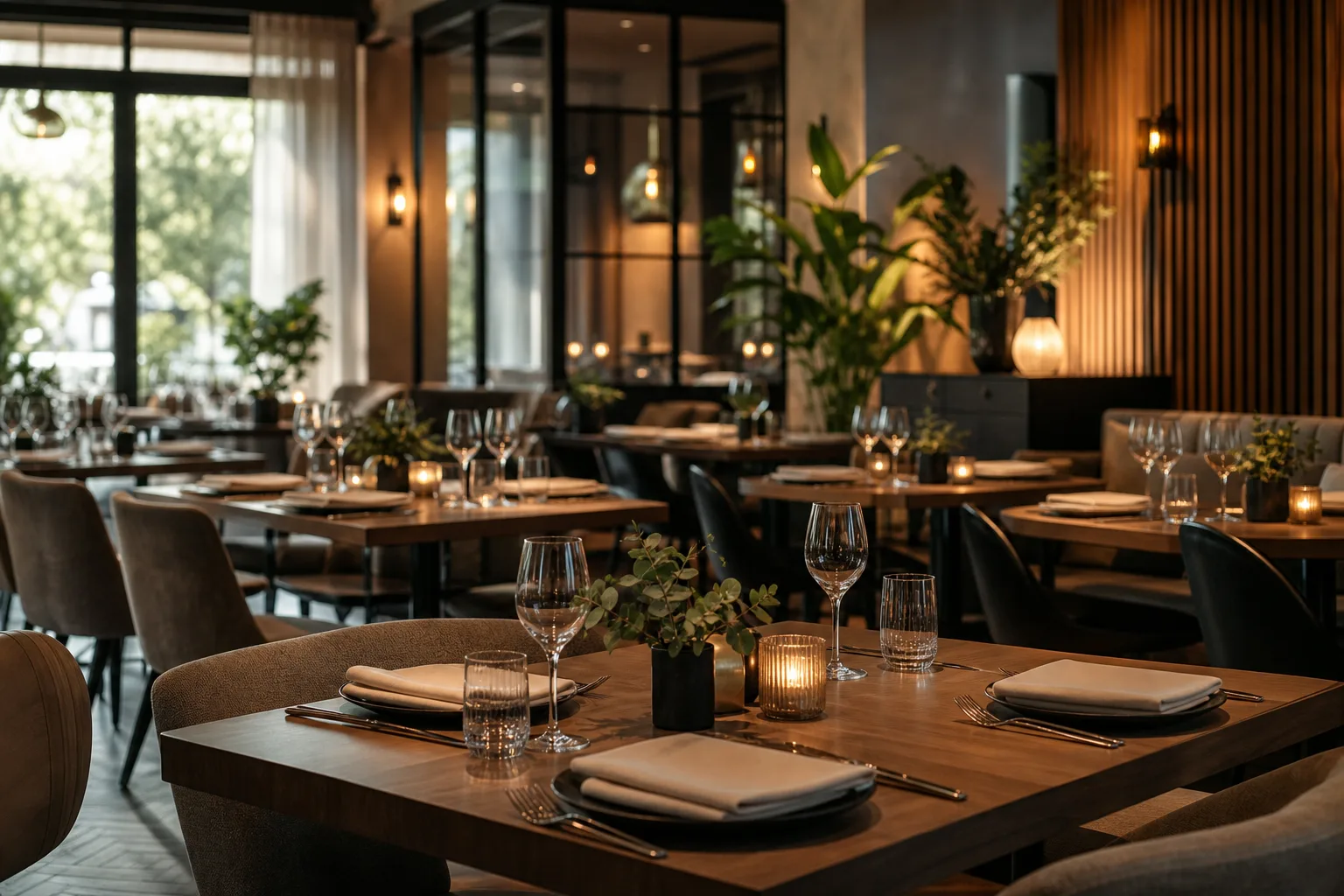 Warme restaurantzaal met gedekte tafels voor de service