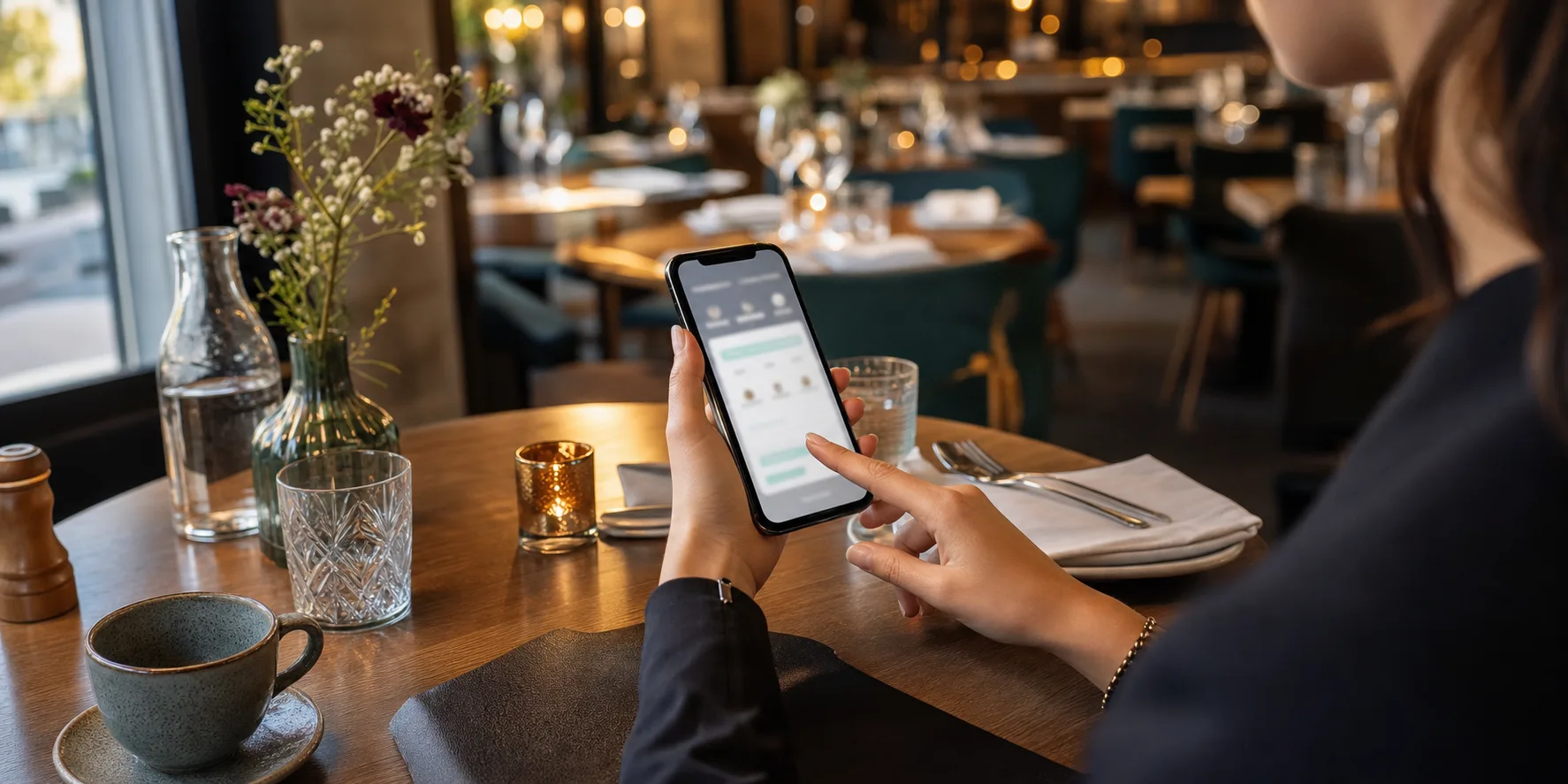 Gast reserveert met een smartphone aan een restauranttafel