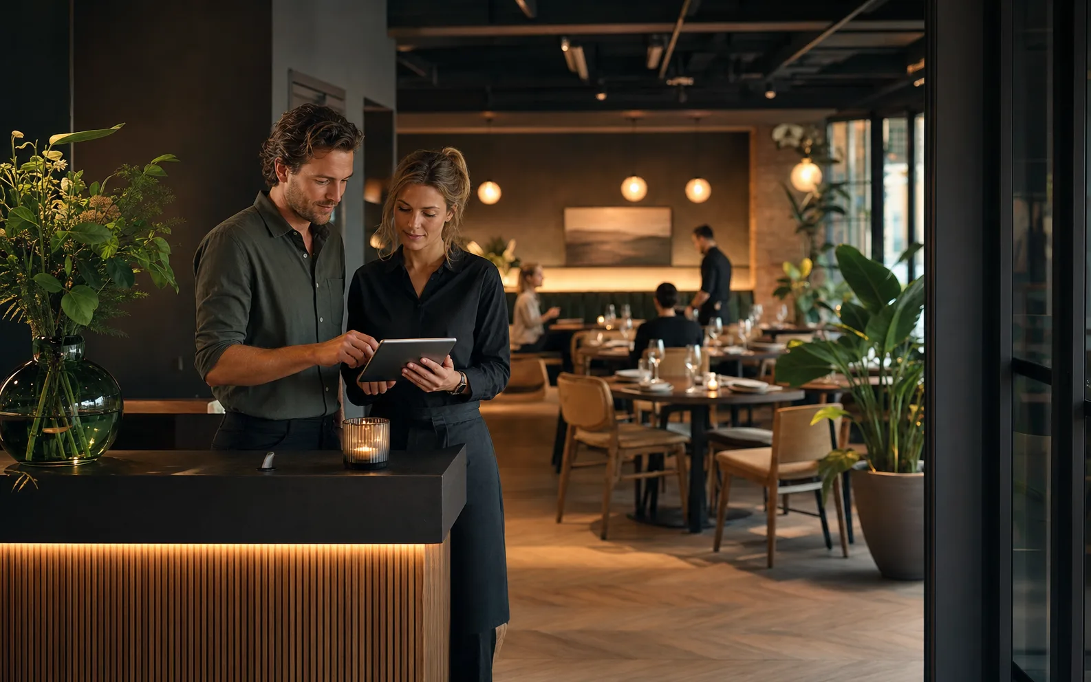 Restaurantteam bekijkt reserveringen op een tablet bij de ontvangst